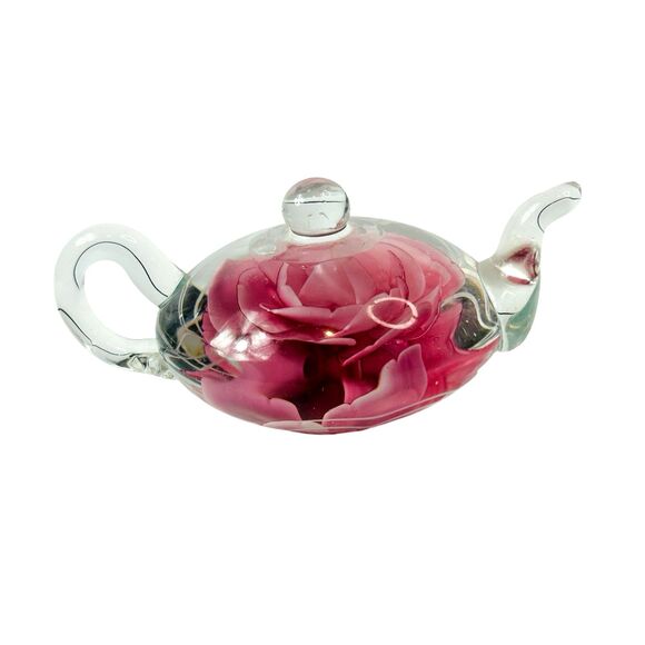Pink Rose Glass Teapot Paperweight Dynasty Gallery Heirloom Collectible Flower - Picture 2 of 6